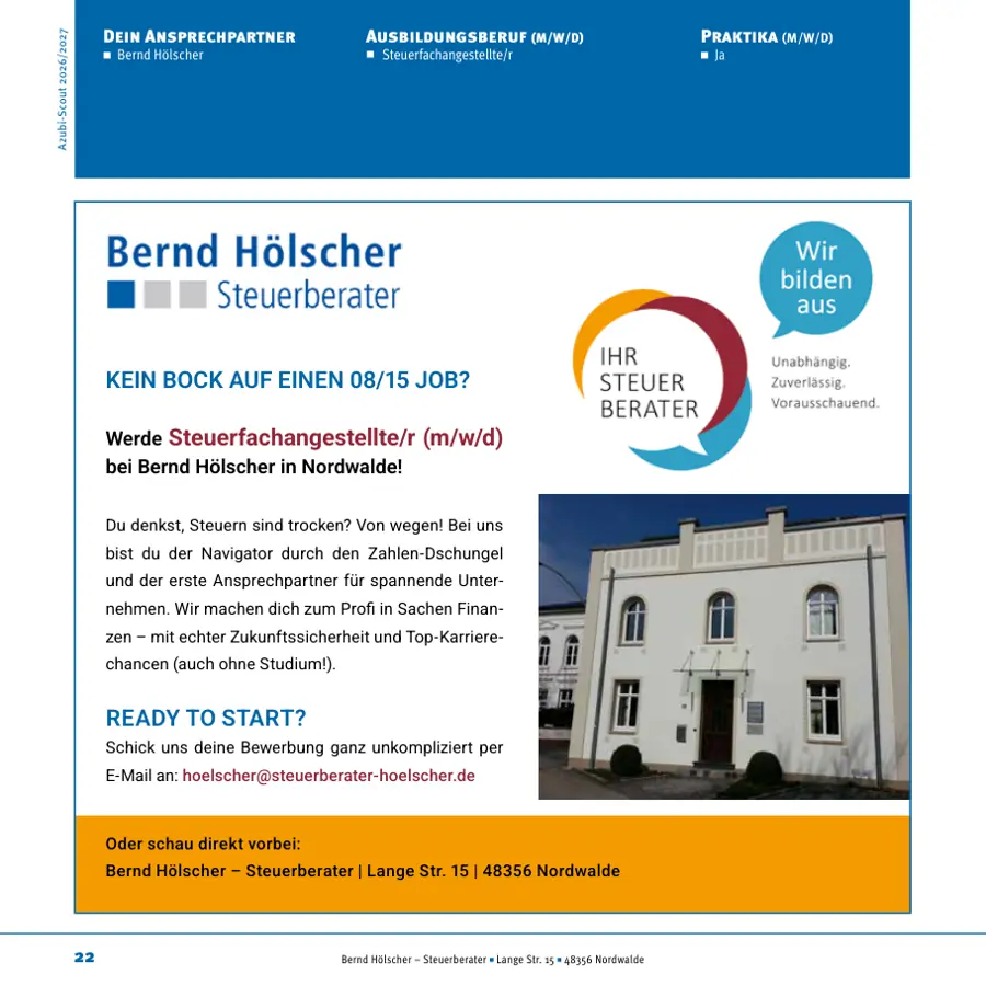 Seite von Bernd Hölscher – Steuerberater im Azubi-Scout Emsdetten und Umgebung 2026/2027
