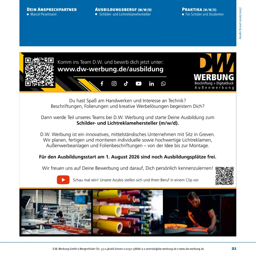 Seite von D.W. Werbung GmbH im Azubi-Scout Emsdetten und Umgebung 2026/2027