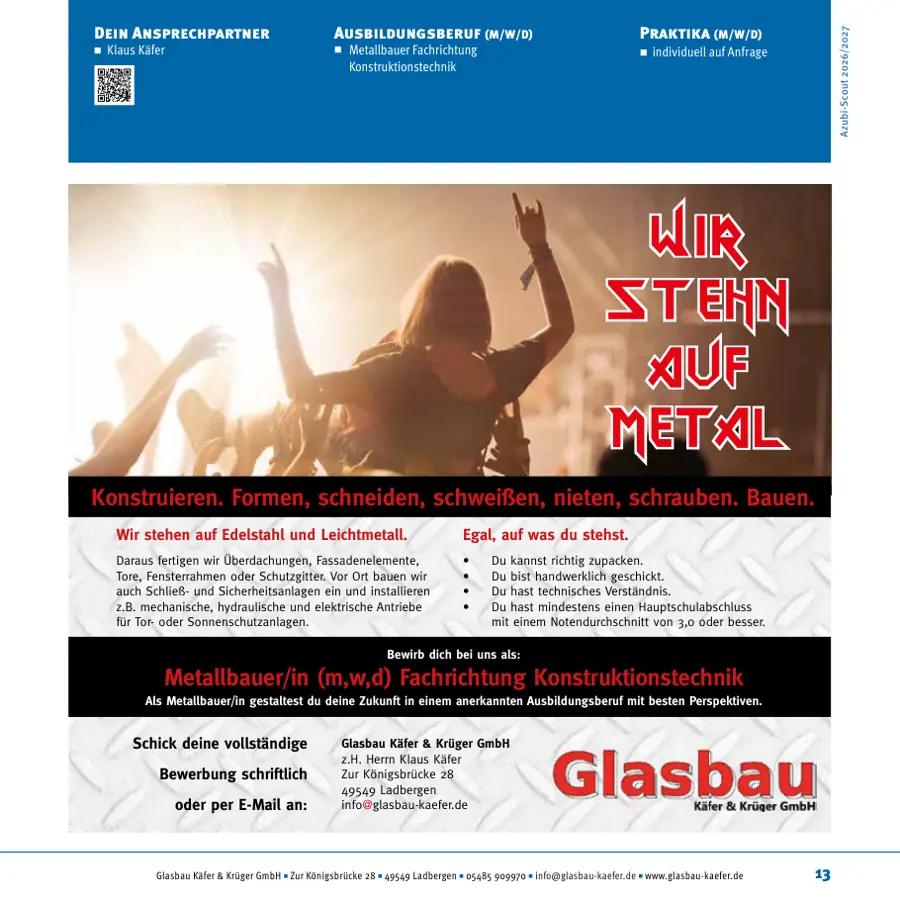 Seite von Glasbau Käfer & Krüger GmbH im Azubi-Scout Tecklenburg und Umgebung 2026/2027