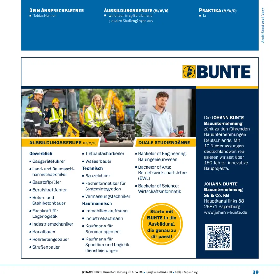Seite von JOHANN BUNTE Bauunternehmung SE & Co. KG im Azubi-Scout Emsland und Umgebung 2026/2027