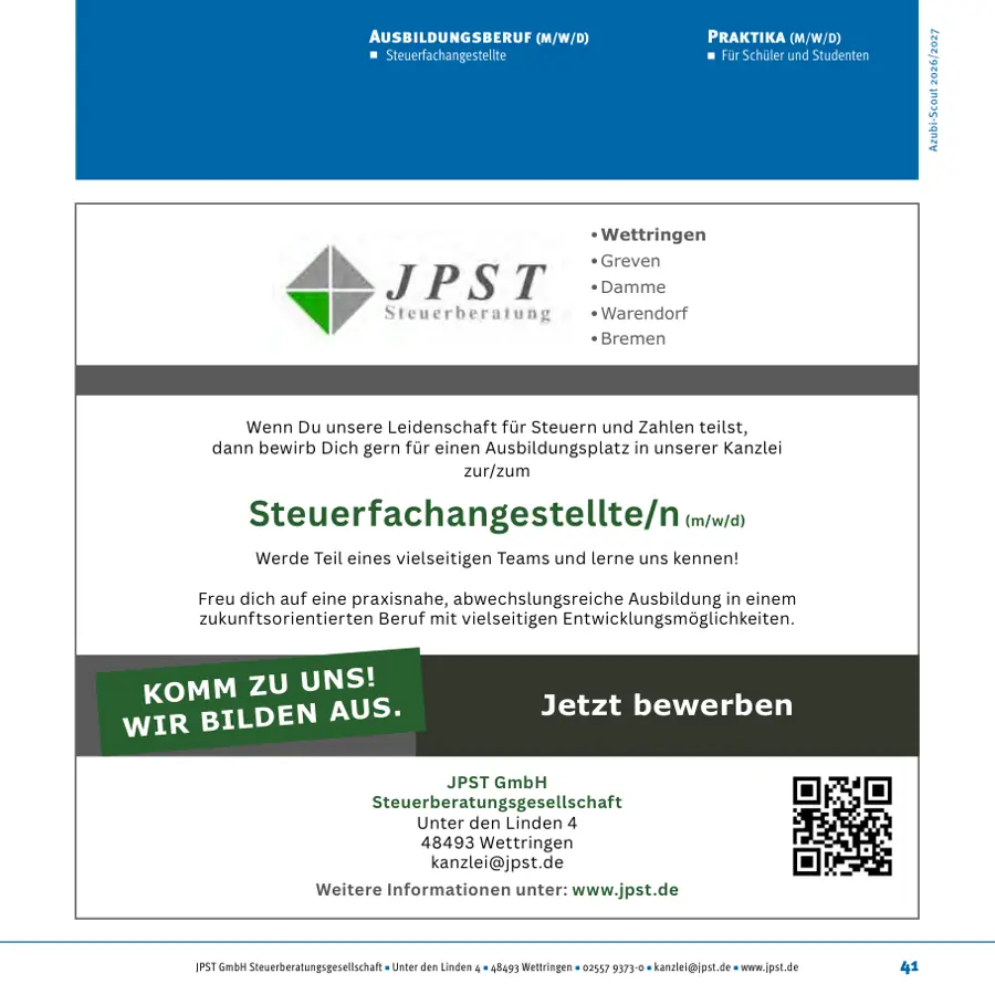 Seite von JPST GmbH Steuerberatungsgesellschaft im Azubi-Scout Rheine und Umgebung 2026/2027