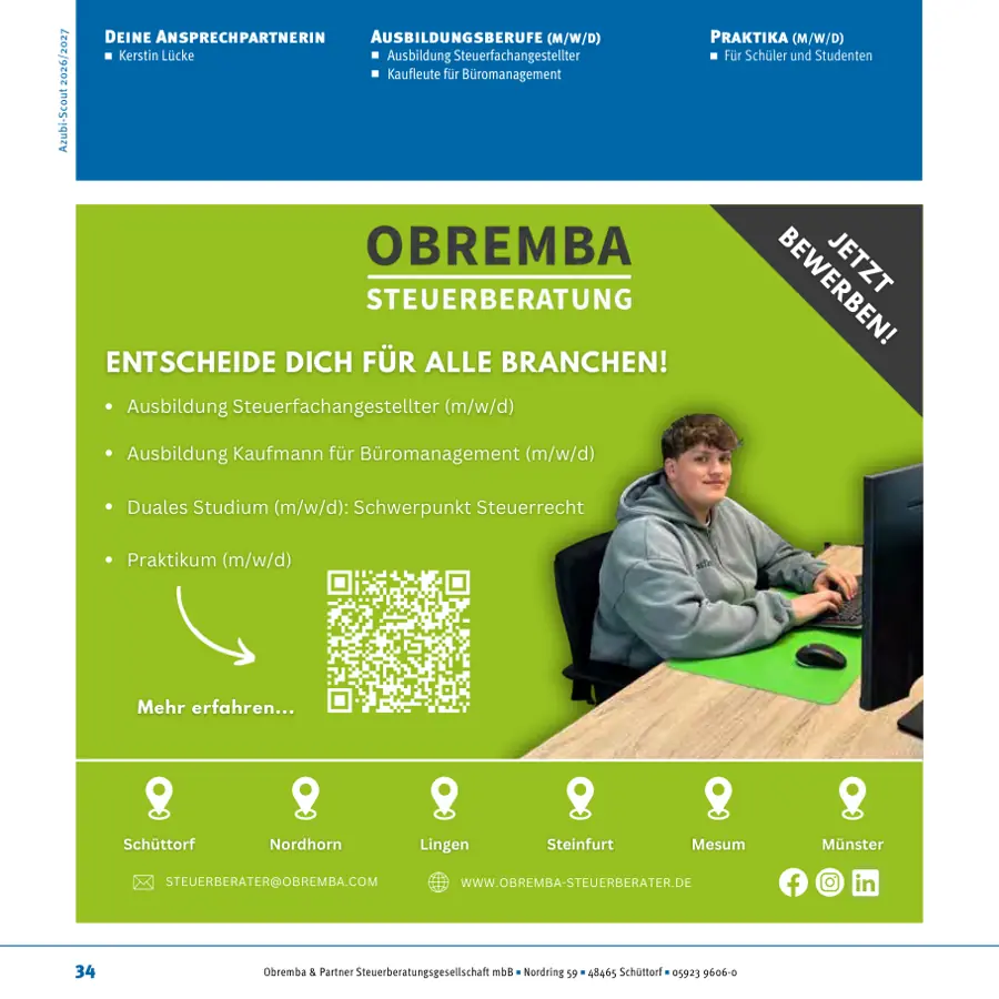 Seite von Obremba & Partner Steuerberatungsgesellschaft mbB im Azubi-Scout Emsland und Umgebung 2026/2027