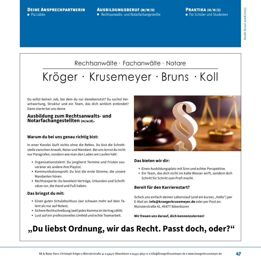 Seite von RA & Notar Hans-Christoph Kröger im Azubi-Scout Ibbenbüren und Umgebung 2026/2027