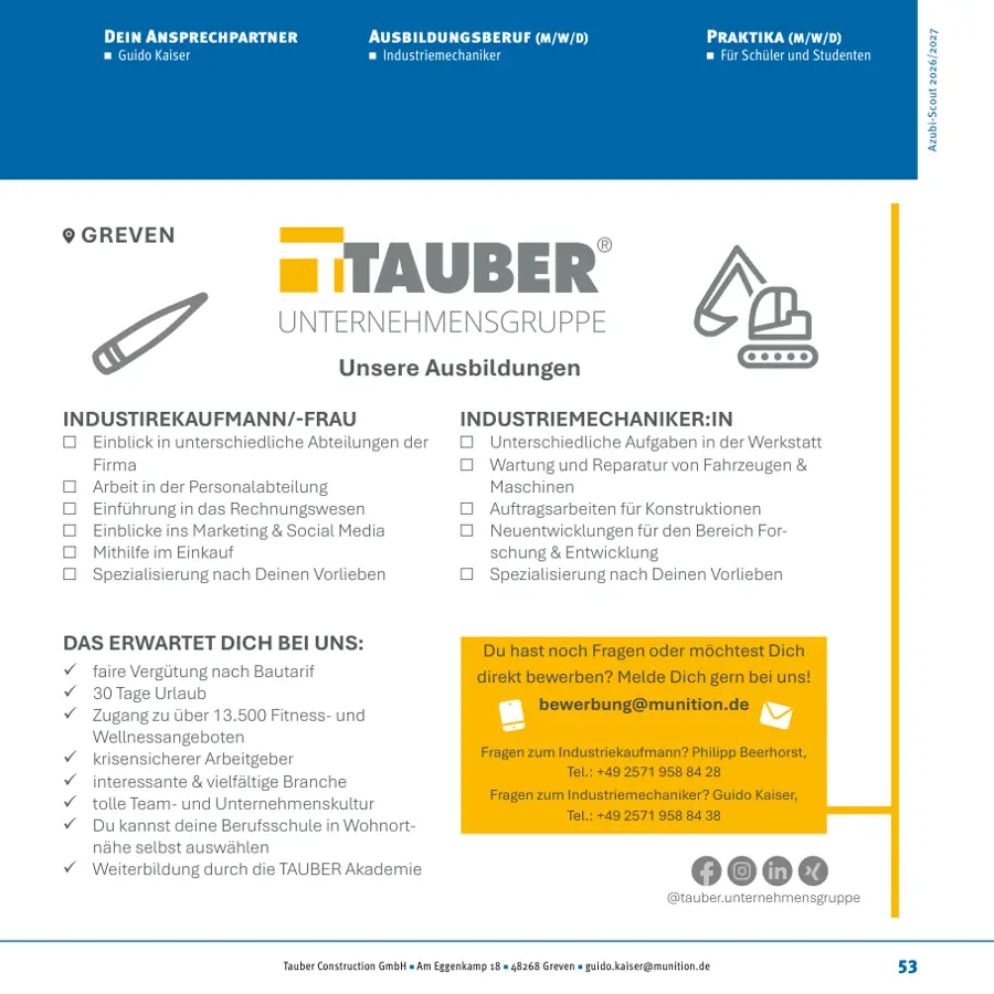 Seite von Tauber Construction GmbH im Azubi-Scout Rheine und Umgebung 2026/2027