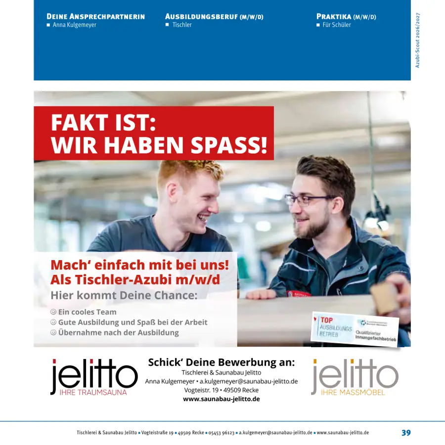 Seite von Tischlerei & Saunabau Jelitto im Azubi-Scout Ibbenbüren und Umgebung 2026/2027