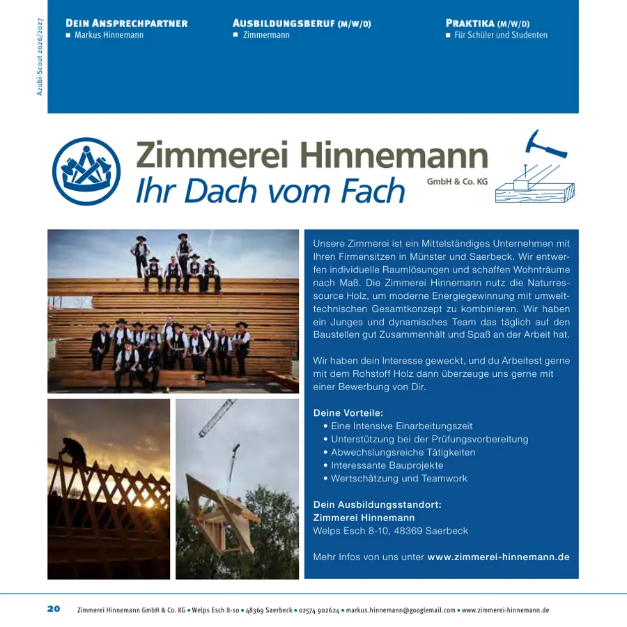 Seite von Zimmerei Hinnemann GmbH & Co. KG im Azubi-Scout Ibbenbüren und Umgebung 2026/2027